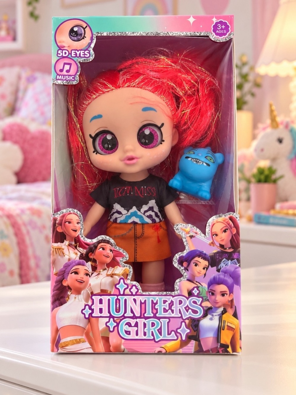 KPOP Demon Hunters Girl Mira Hair Doll - 5D Eyes Music Figure in Box